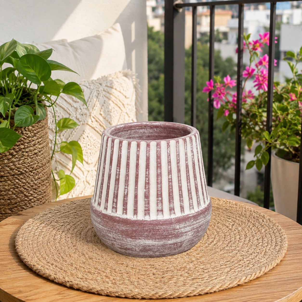 Rustic Pink & White Striped Ceramic Planter