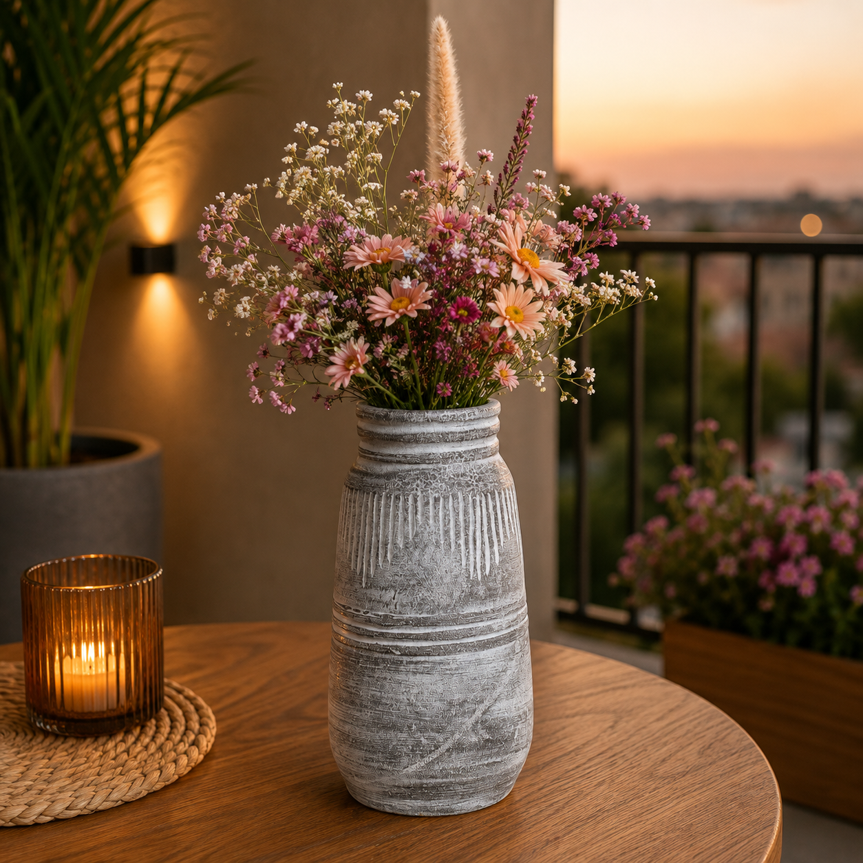 Rustic Grey Textured Ceramic Vase with Vertical Drip Detailing