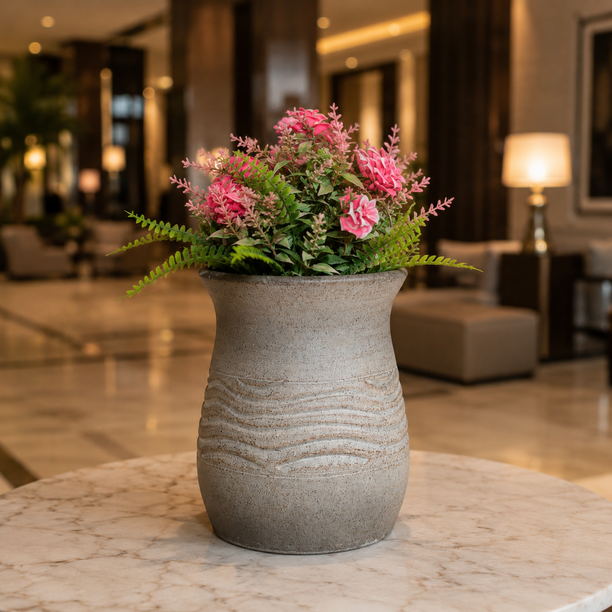 Elegant Pink Blossom Faux Flower Arrangement in Textured Ceramic Vase