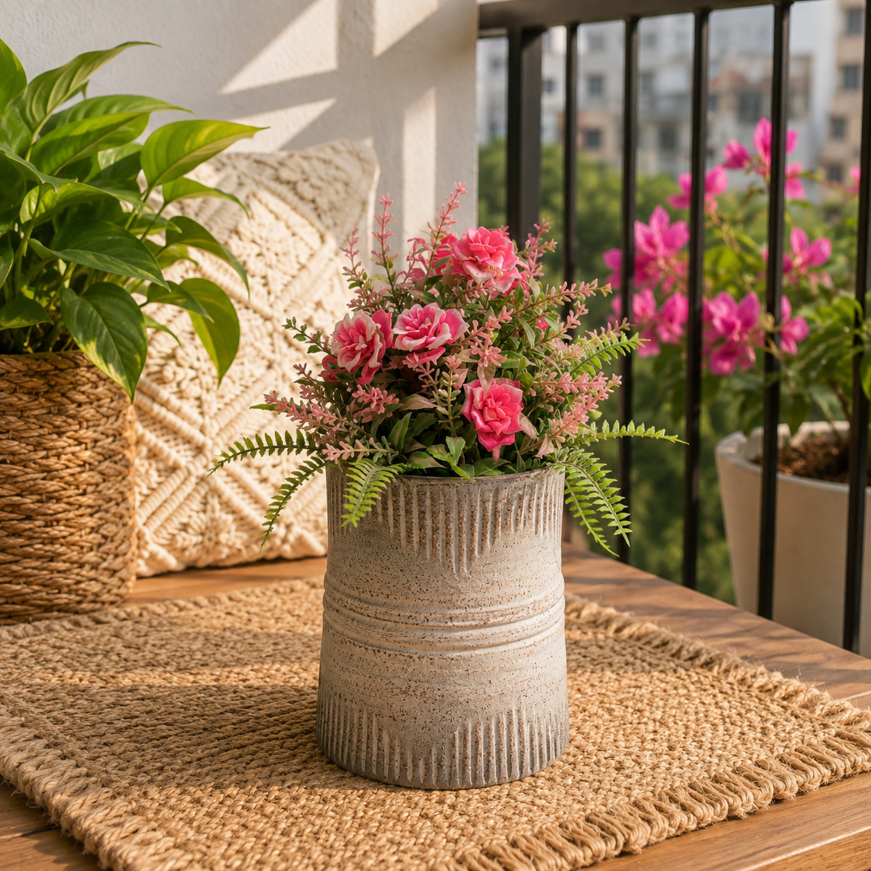 Rustic Ceramic Flower Planter with Artificial Pink Flowers
