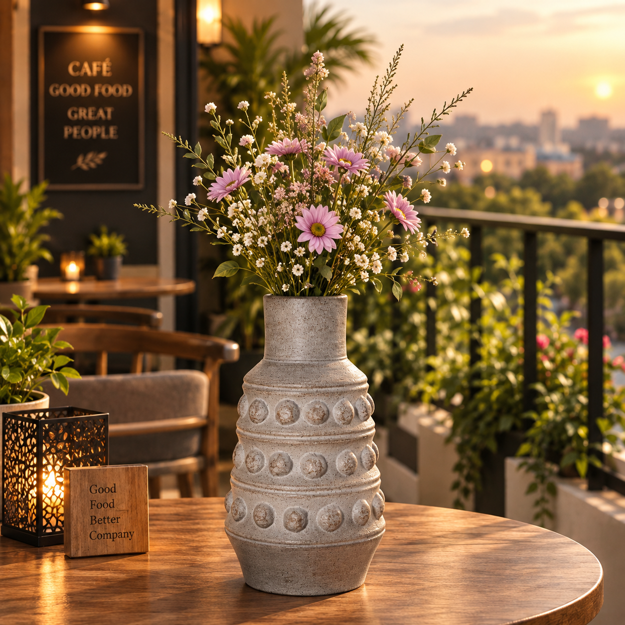 Vintage Textured Ceramic Decorative Vase with Artificial Pink Flowers