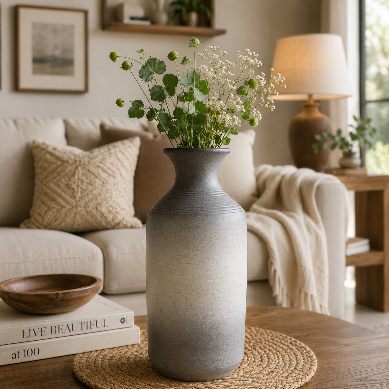 Modern Textured Ceramic Vase with Artificial Greenery