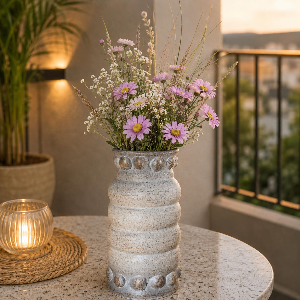 Vintage Embossed Ceramic Vase with Artificial Pink Daisy Flowers