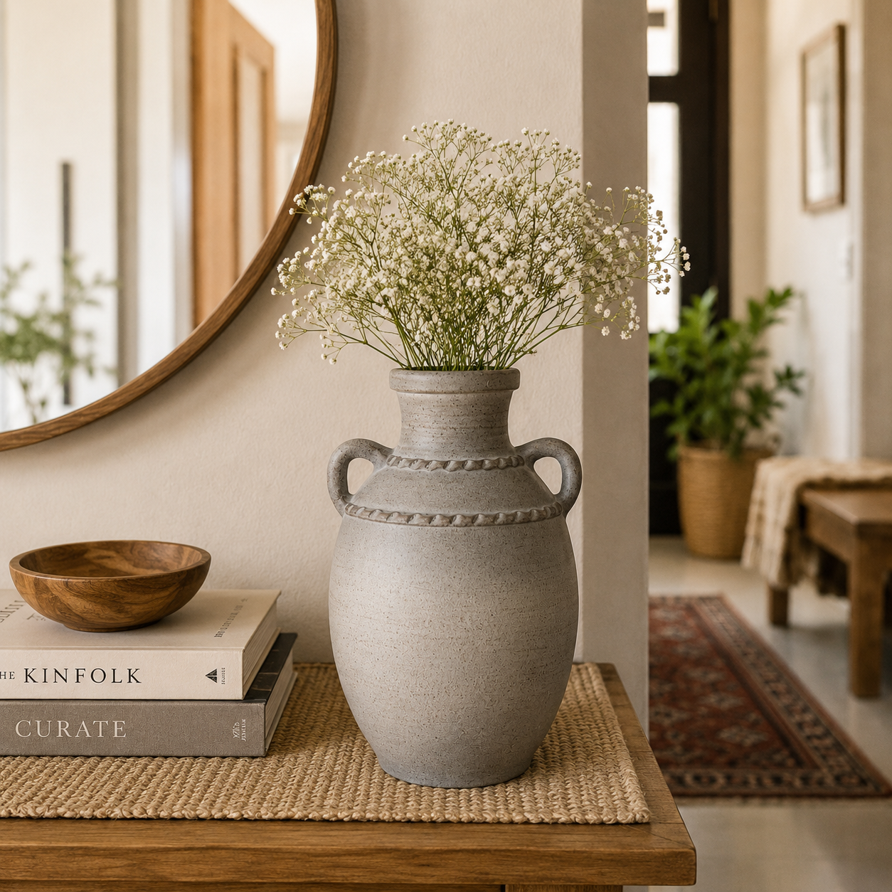 Rustic Ceramic Urn Vase with Handles & Artificial Baby’s Breath